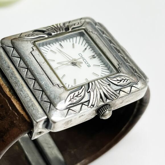 Chico's Silver & Brown Leather Etched Hinge Watch - Picture 5 of 7